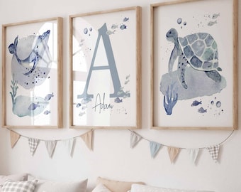 Ocean Nursery Prints, Whale Sea Turtle, Blue Nautical Nursery, Personalized Sea Kids room Decor, Custom Baby Boy Name, Ocean theme Print