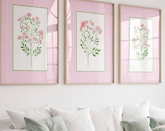 Pink Floral Wall Art, Set of 3 Prints, Blush Wildflower Nursery Prints, Botanical Art, Teen Girl Room Decor, Dorm, Vintage, Cottagecore