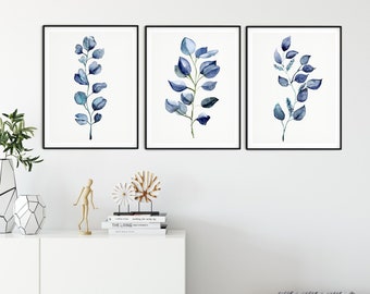 Botanical print set of 3, Blue Wall Art, Eucalyptus leaf Print, Navy blue Art Prints, Blue Botanical Art Prints