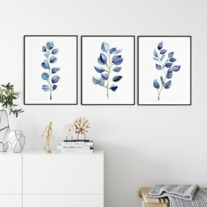 Botanical print set of 3, Blue Wall Art, Eucalyptus leaf Print, Navy blue Art Prints, Blue Botanical Art Prints