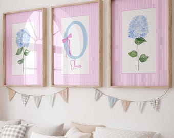 Set of 3 Nursery Wall Art, Hydrangea Print, Girl Grand Millennial Art, Custom Initial Name, Botanical College Dorm Room Decor