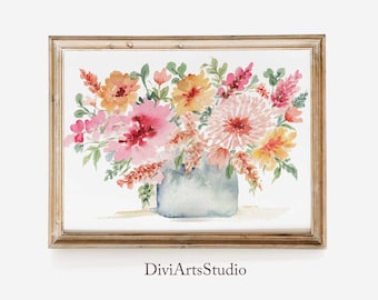 Abstract Floral Painting, Horizontal Wall Art, Mother's Day Gift Idea, Floral Vase Wall Art, Watercolor Flowers Painting, Floral Bunch Art
