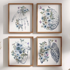 Medical office wall art, Doctor Graduation Gifts, Human Brain heart lungs hand, Floral Anatomy Poster Set, Anatomical flowers Print