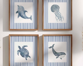 Ocean Theme Stripes Nursery Prints, Set of 4 Sea Animals wall Art, JellyFish whale Poster, Watercolor Baby Boy Nursery, Kids Room Decor Navy