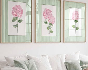 Pink Hydrangea Print, Set of 3 Pink and green wall art, Stripes Coastal Decor, Nursery Grand millennial Poster, Watercolour Floral Painting