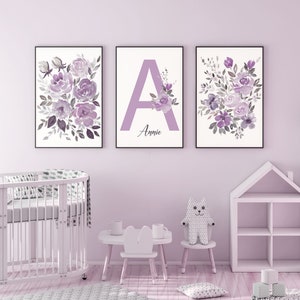 Purple floral nursery, Personalized Set of 3 Nursery Prints, Boho Wildflowers Floral, Lilac Girl Room Decor, Printable Flowers Name Print