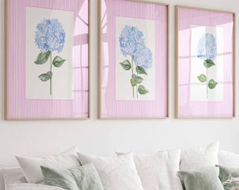 Hydrangea Print Set, Grandmillennial Blue Floral Art, Pink Stripe Living room decor, Nursery Wall Art, Flowers Girl Bedroom Preppy Prints