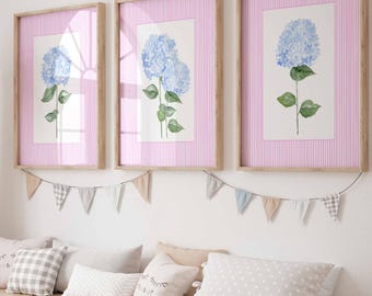 Pink Hydrangea Nursery Prints, Blue Flowers Baby Girl Room Decor, Floral Girl Bedroom, French country, Set of 3 Hydrangeas, Grandmillennial