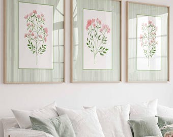 Sage Green Wall Art, Set of 3 Prints, Pink green Wildflower Prints, Botanical Art, Teen Girl Room Decor, Dorm, Vintage, Cottagecore Nursery