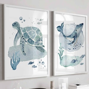 Láminas para guardería marina, juego de 2 láminas de tortugas marinas y ballenas, decoración de guardería con animales del océano