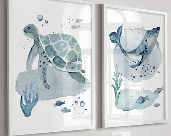 Láminas para guardería marina, juego de 2 láminas de tortugas marinas y ballenas, decoración de guardería con animales del océano