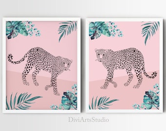 Pink leopard bedroom, Set of 2 Prints, Safari Nursery decor, Jungle Cat Print, Pink Nursery Decor, Tropical Nursery