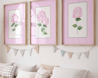 Set of 3 Pink Hydrangea Nursery Prints, Watercolor Floral Girl Bedroom Wall Art, Blush Pink Striped Flower Posters, Grandmillennial Decor