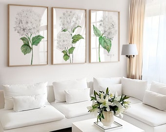 White Hydrangea Watercolor Print, White Botanical Print Set of 3, Hydrangea painting, Hydrangea Print, Flower Wall Art