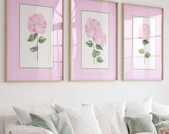 Pink Stripes Coastal Decor, Set of 3 hydrangeas, Trendy Grand millennial Wall Art, Watercolour Floral Living room artwork, baby Girl Nursery