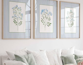Blue floral Wall Art, Set of 3 Wildflower Prints, Botanical Room Decor, Vintage Cottagecore Living Room, Coastal   Farmhouse Artwork