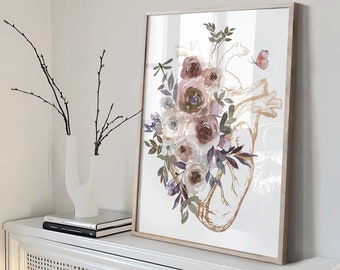 Human Heart Gold with flowers, Anatomical Heart, Anatomy art Print, Cardiologist Gift, Heart Wall Art, Doctor Office Decor