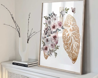 Lungs Art Print, Gold Anatomy Poster, Medical Wall Art, Doctor Office Decor, Med Student Graduation Gift, Watercolor Lungs With Flowers