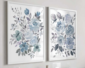Abstract Floral Painting, Large floral wall art, Blue Flower art Print, Living room wall art, Set of 2 Prints, Blue abstract floral prints