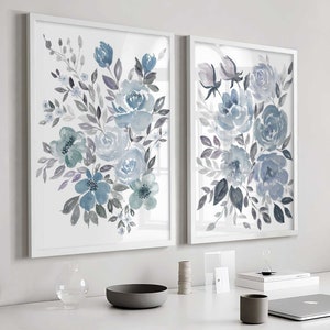 Abstract Floral Painting, Large floral wall art, Blue Flower art Print, Living room wall art, Set of 2 Prints, Blue abstract floral prints