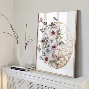 Brain poster, Gold Anatomical Human Brain Print with flowers, Anatomy Poster, Medical Student Gift, Neurologist Decor, Psychologist Gift