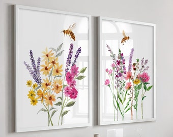 Wildflowers Honey Bee Art Print, Watercolour Honeybee Decor, Wildflowers Wall Art, Set of 2 prints, Botanical Flowers Print
