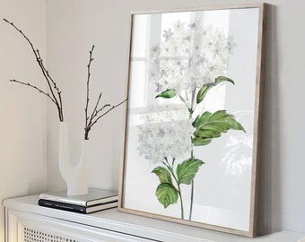 Pintura de hortênsia branca, aquarela de hortênsia, impressões de arte de parede botânica, impressão de hortênsia, arte de parede de flores off white, impressão de belas artes de flores