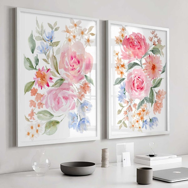 Art mural floral, peinture florale abstraite, ensemble de 2 tirages, fleurs aquarelles, grand art mural, pépinière rose fard à joues, décor de salon