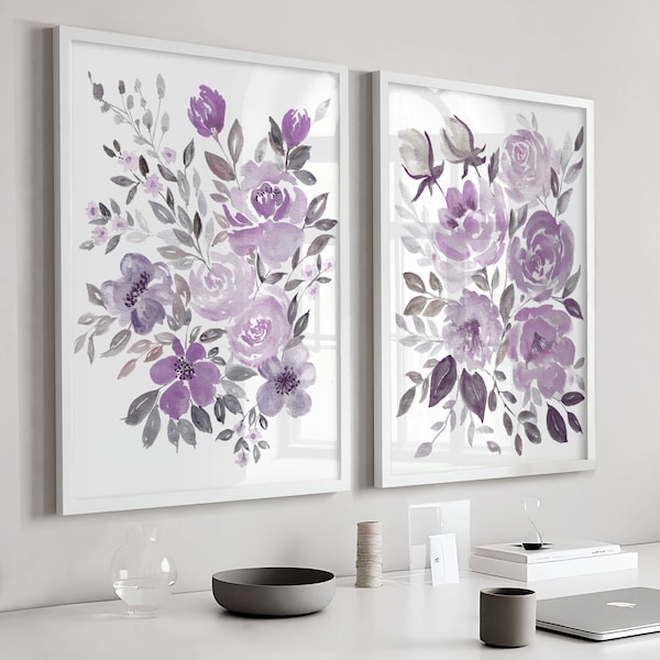 Peinture florale abstraite, grande art mural floral pivoine, impression de fleurs pourpres lavande, décoration de salon, lot de 2 impressions, oeuvre d'art lilas