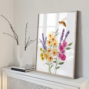 Wildflowers Bees Art Print, Watercolour Honeybee Wildflowers Wall Art
