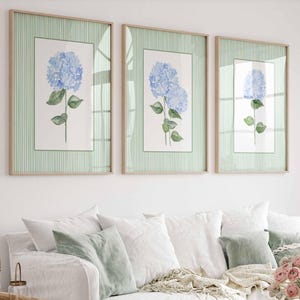 Green Hydrangea Print, Set of 3 blue hydrangeas, Stripes Coastal Decor, Nursery Grand millennial Wall Art, Watercolour Floral Painting