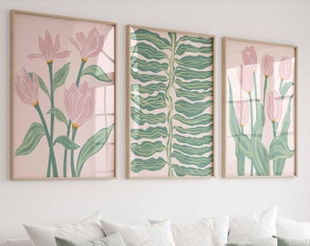 Boho Abstract Flowers, Print Set of 3, Floral Terracotta Prints, Boho leaves Wall Art, Flower Market Poster, Pink and green wall art