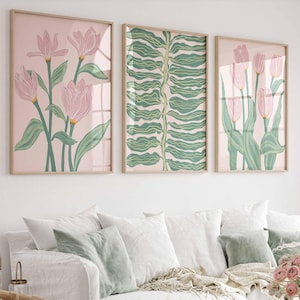 Fleurs abstraites bohèmes, lot de 3 imprimés, imprimés floraux en terre cuite, art mural feuilles bohèmes, affiche du marché aux fleurs, art mural rose et vert