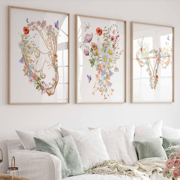 Schwangerschaft Floral Anatomisch, Gynäkologen Kunst, Obgyn Druck, Doula Geschenk, Arzt Büro Dekor, Gold Blume Hebamme Wertschätzung Geburtshelfer