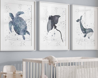 Ocean Theme Nursery, Printable Sea Animal Prints, Baby Boy Room Decor, Manta Ray, Whale , Seaturtle Artwork, Under the Sea wall art