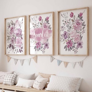 Blozen roze bloemen kinderkamer decor, gepersonaliseerde kinderkamer prints, blozen kinderkamer bloemen, roze baby meisje kamer kunst aan de muur, set van 3 afdrukbare naam