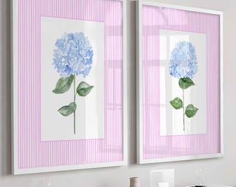 Pink Blue Hydrangea Wall Art, Set of 2 prints, Girl Nursery, Floral Decor, Living room , Bedroom wall art, Guest Farmhouse decoration