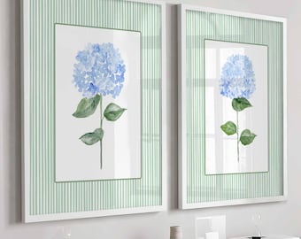 Hydrangea Prints, Set Of 2 Wall Art, Coastal decor, Grandmillennial Green Blue Floral poster, Bathroom prints, Stripes Artwork Hallway