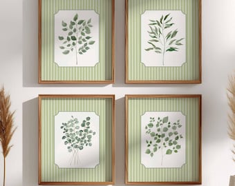 Sage Green Botanical Art Prints Set of 4, Vintage Stripe Floral Wall Decor, Watercolor Foliage Leaves Posters, Grandmillennial Nursery Art