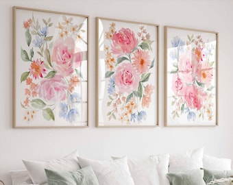 Dipinto di fiori blush, arte murale floreale, set di 3 stampe, fiori astratti rosa per la cameretta dei bambini, decorazioni murali per il soggiorno, stampe floreali per la camera da letto