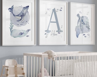 Ocean Nursery Prints, Whale Sea Turtle, Nautical Nursery, Personalized Sea animals Decor, Custom Baby Boy Name Watercolour Ocean Theme