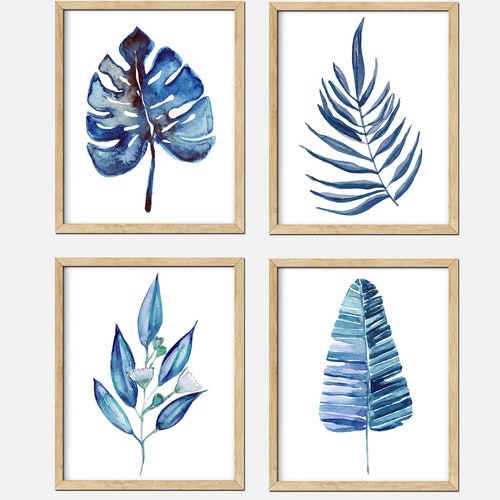 Blue Wall Art Botanical Print Set of 3 Palm Leaf Print - Etsy