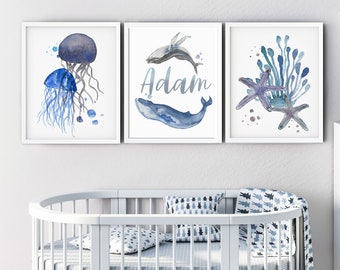 Ocean Theme Nursery, Baby name Print for nursery boy, Set of 3 prints, Baby boy nursery nautical, Name sign for nursery boy