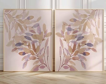 Neutral Boho Wall Art, Set of 2 Botanical Prints, Modern Abstract Leaf Poster, Pink Beige Bedroom Decor, Minimalist Art Prints, Fern Decor