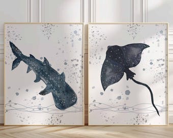 Sea Nursery Prints, Manta Ray, Whale Shark Print set of 2, Ocean Animals Nursery Decor