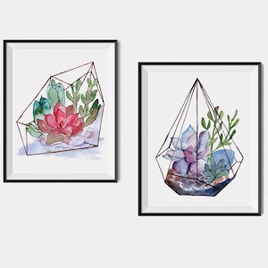 Terrarium Print, SET OF Two PRINTS, Succulent Wall Art, Geometric Plant print, Plant Wall Art, Watercolor Succulent Printable