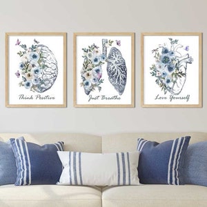 Anatomy Art, Doctor Office, Anatomy Wall Decor, Human Heart, Lungs, Brain Poster, medical student gift, Watercolor Flowers, Just Breathe