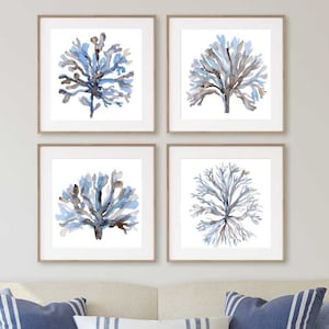 Seaweed Square Wall Art, Blue Coral Coastal, Wall Art Set of 4 Prints, Navy Minimalist Watercolor Painting Beach House Spring Summer Art