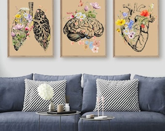 Anatomy Wall Art, Doctor Office Decor, Flowers Human Heart Print, Set of 3 Lungs Brain Poster, Medical student gift, Anatomical Illustration