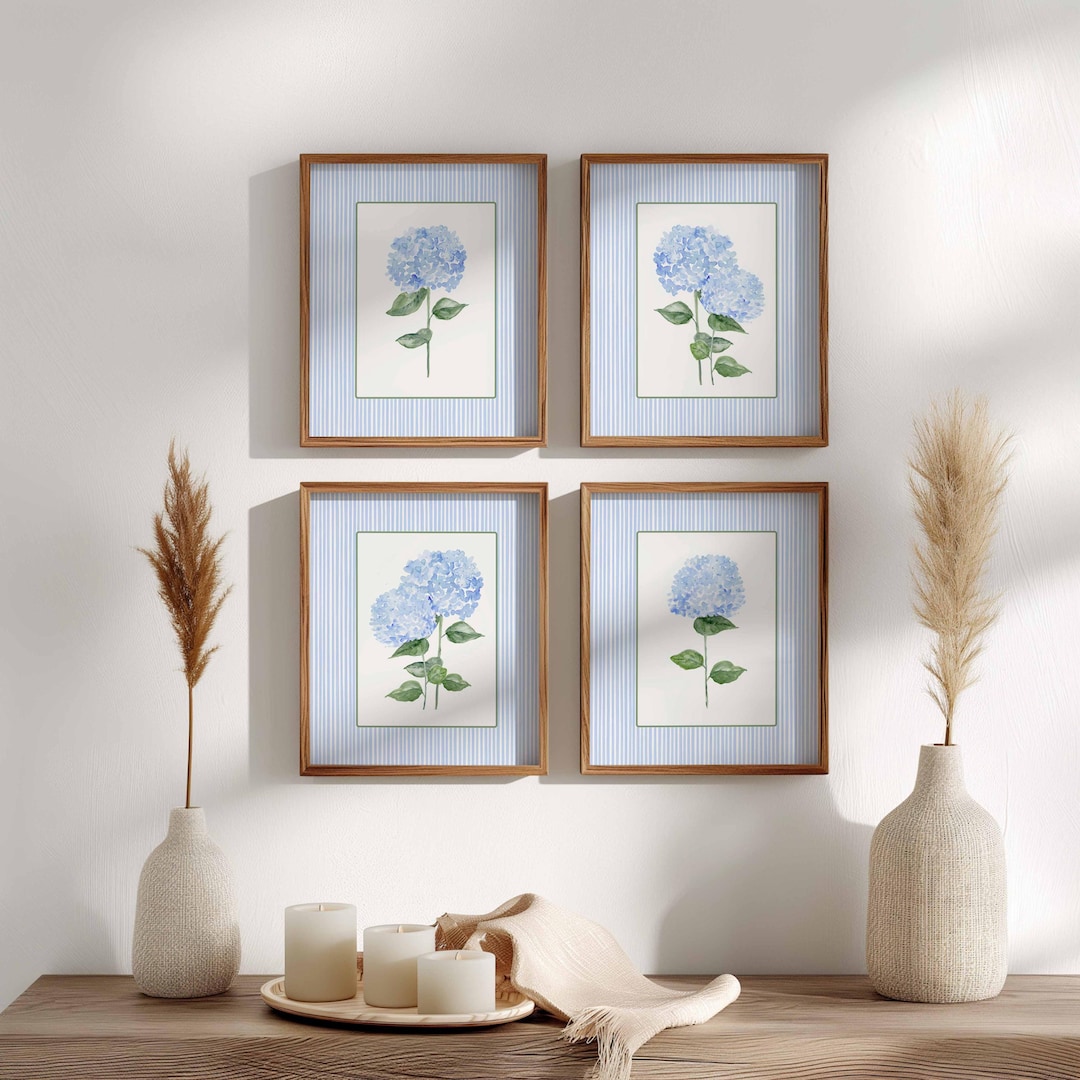 Hydrangea Prints Set of 4, Blue Floral Wall Art, Watercolour Flowers ...